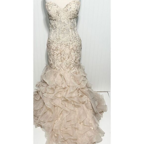 Jovani Strapless Trumpet Embroidered‎ Corset Prom Dress Gown Light Cafe Size 16 - Picture 15 of 15